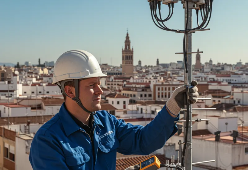 img nosotros 3 "Técnico de telecomunicaciones masculino en Sevilla instalando una antena en el tejado, con uniforme azul y casco de seguridad, sosteniendo un medidor de señales bajo un cielo soleado."