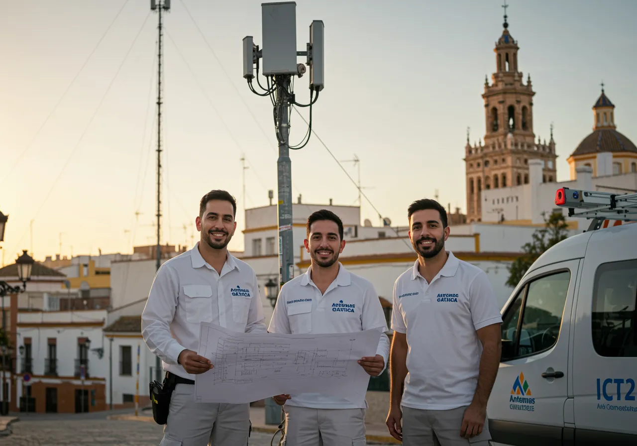 img seccion diferencia "Equipo de profesionales de Antenas Gática en Sevilla, junto a un mástil de antena y una furgoneta de servicio, mostrando su certificación ICT2 con un plano en mano frente a arquitectura española."