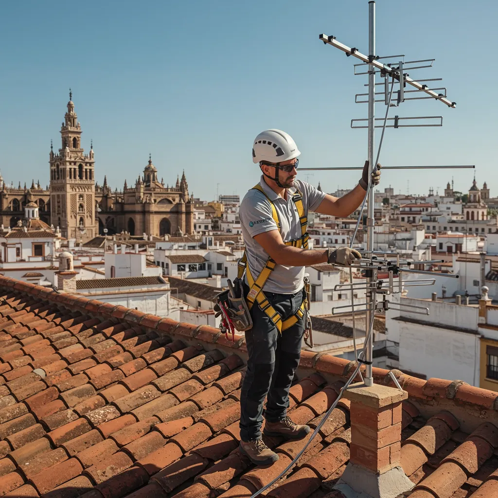 img seccion serviciosRecurso 9 100 "Ingeniero de campo de Antenas Gática en Sevilla, ajustando una antena de TV en un tejado de tejas terracota bajo un cielo azul, destacando servicio de antenas colectivas fiable."