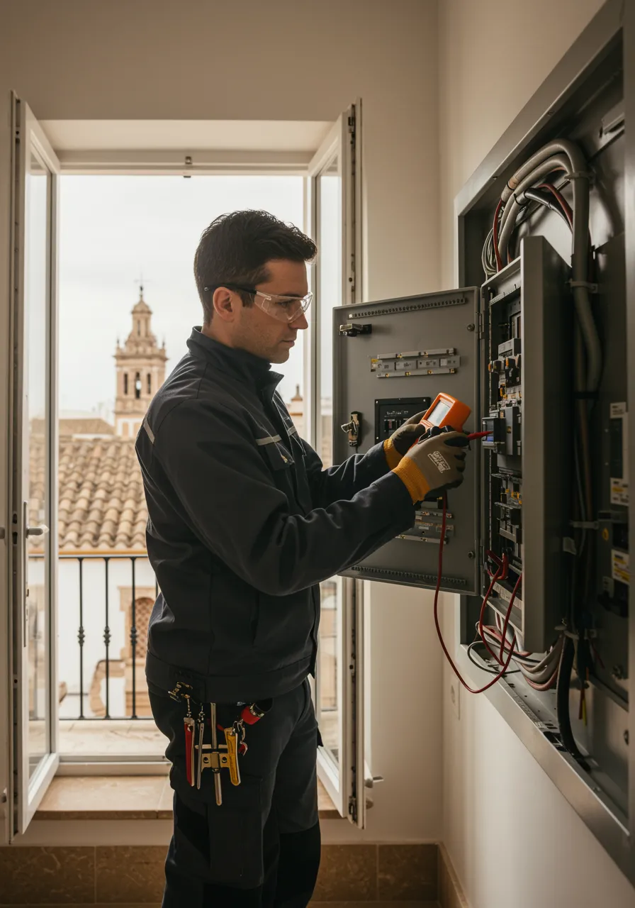 interior 1 "Electricista certificado en un hogar moderno de Sevilla, utilizando un multímetro digital para probar circuitos en un panel eléctrico, reflejando profesionalismo y experiencia técnica."