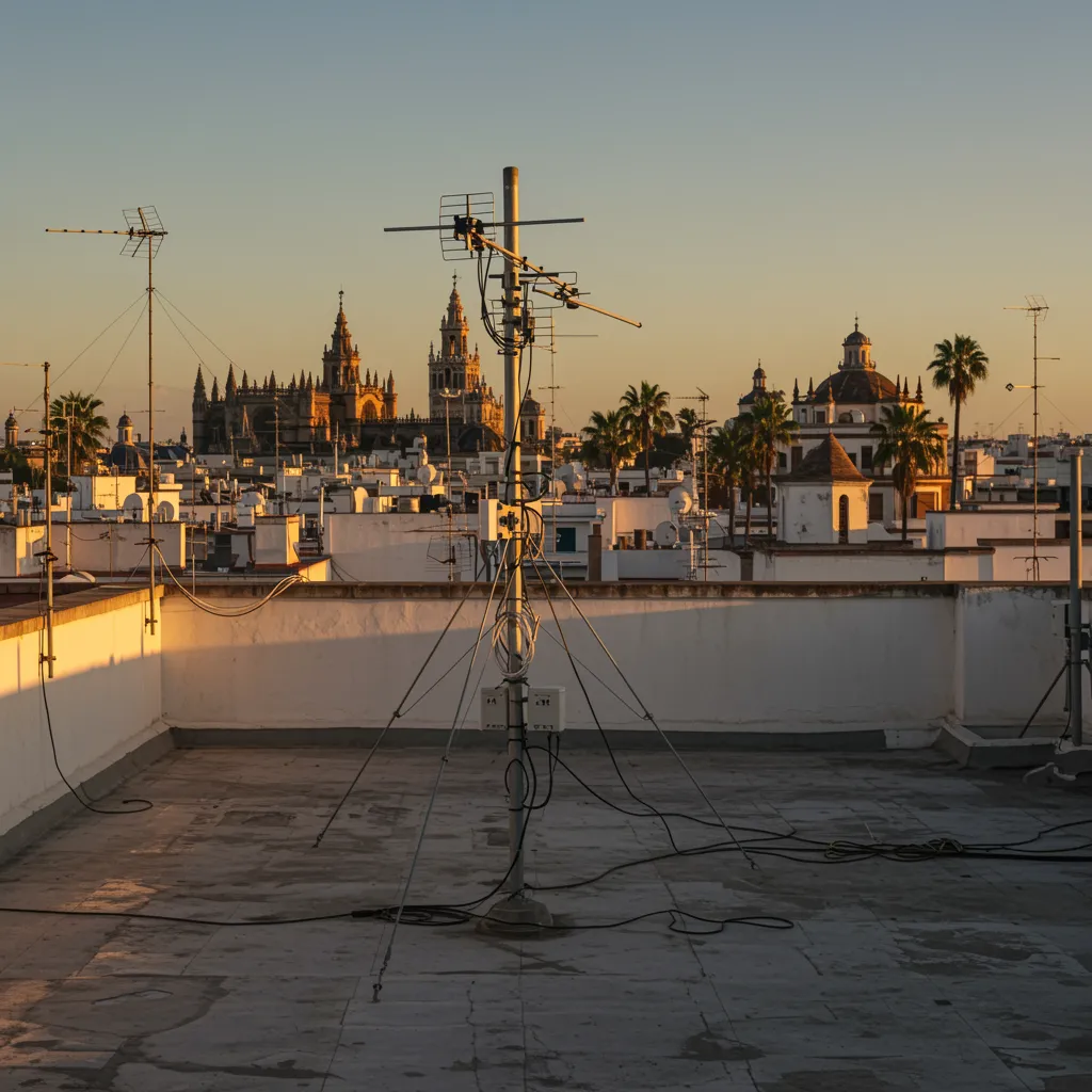 proyecto 1 "Instalación de antenas colectivas en la azotea de un apartamento en Sevilla al atardecer, destacando la calidad de Antenas Gática con múltiples antenas de alta ganancia."
