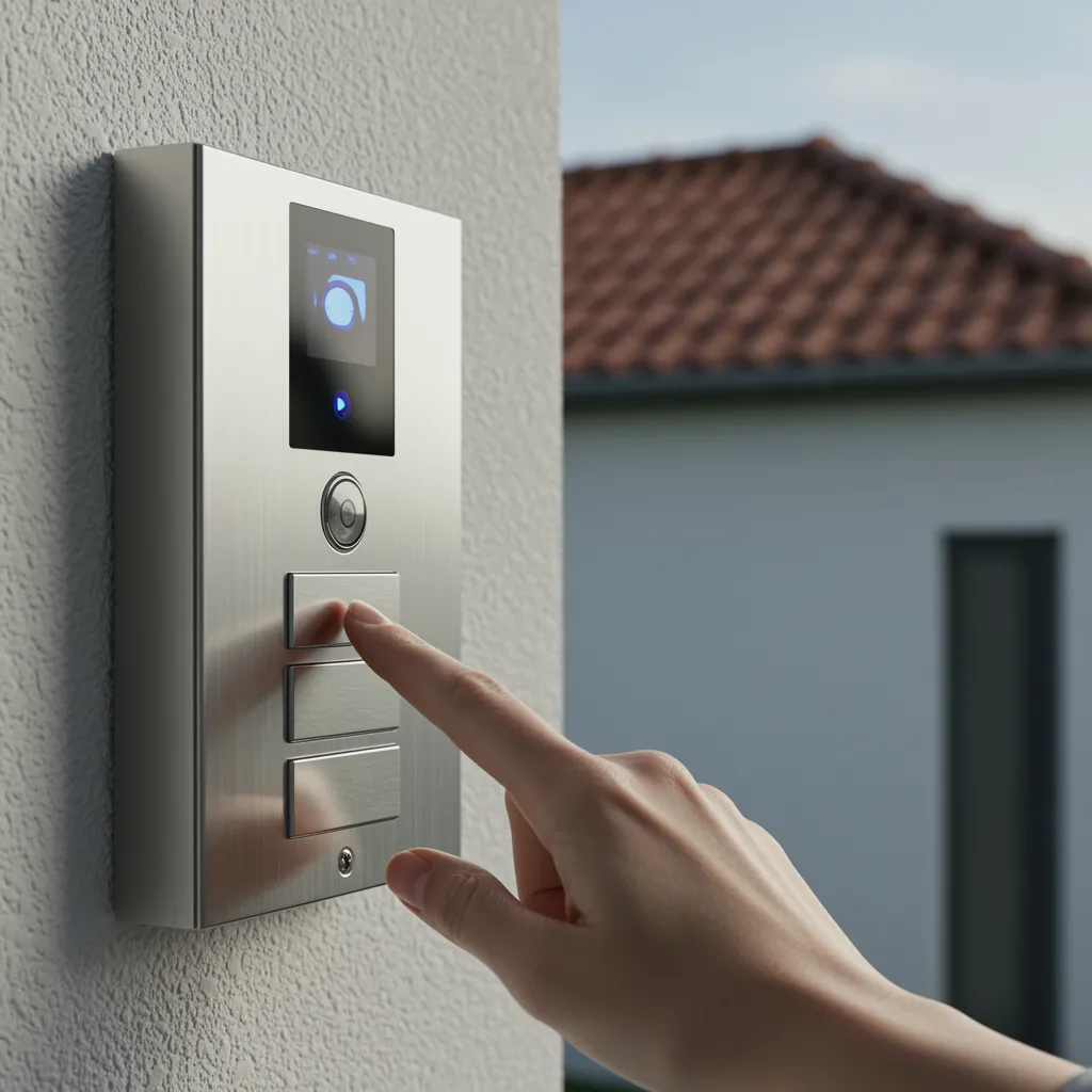 proyecto 2 "Panel de entrada de video moderno instalado en una fachada residencial, con un propietario presionando el botón de llamada en acero inoxidable, reflejando luz suave y detalles de un techo de tejas."