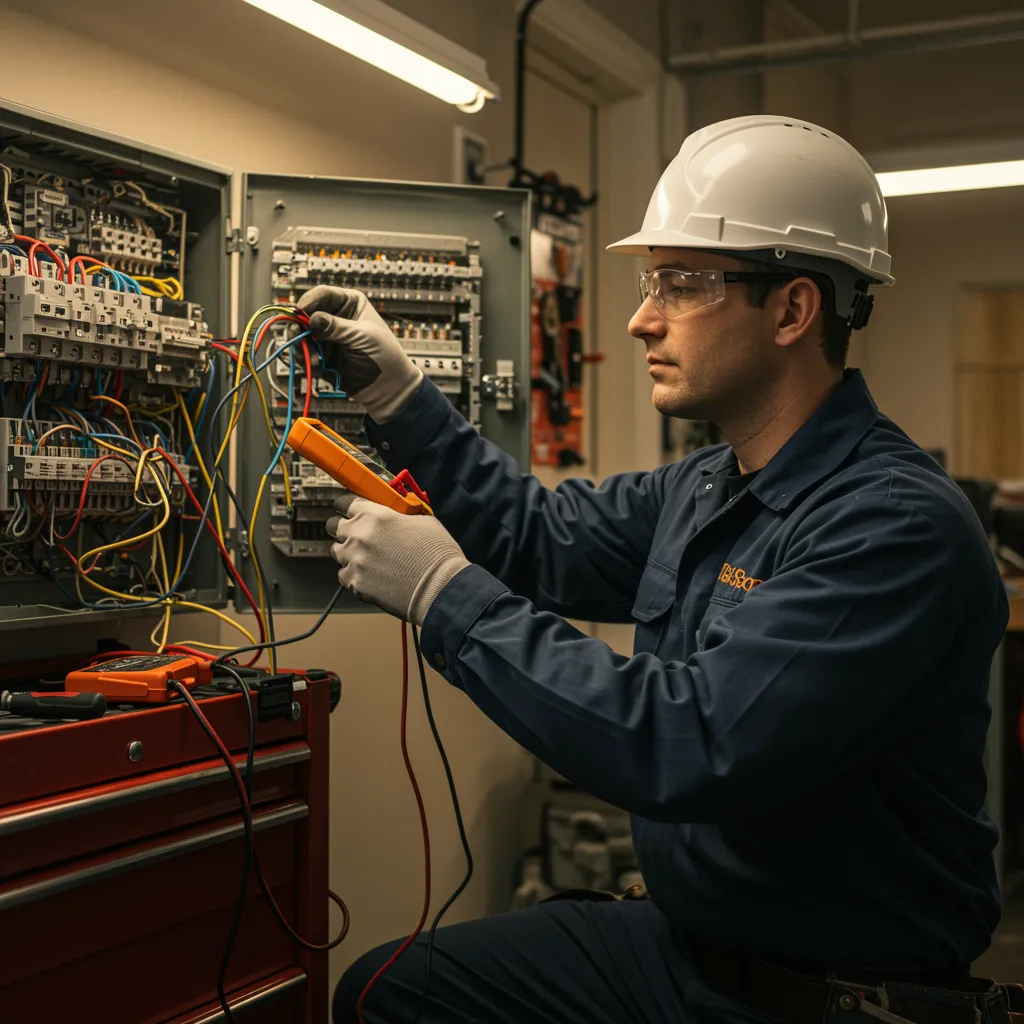 servicio arquitectura legal 2 "Electricista Antenas Gática reparando un panel eléctrico en casa, con uniforme, gafas de protección y organizando cables, en un ambiente iluminado y profesional."